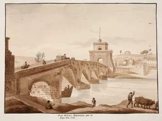 Restaureringen av Ponte Milvio av påven Pius VII, 1833 (etsning med brun tvätt)